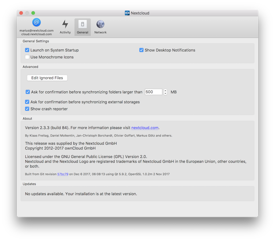 General window contains configuration options.