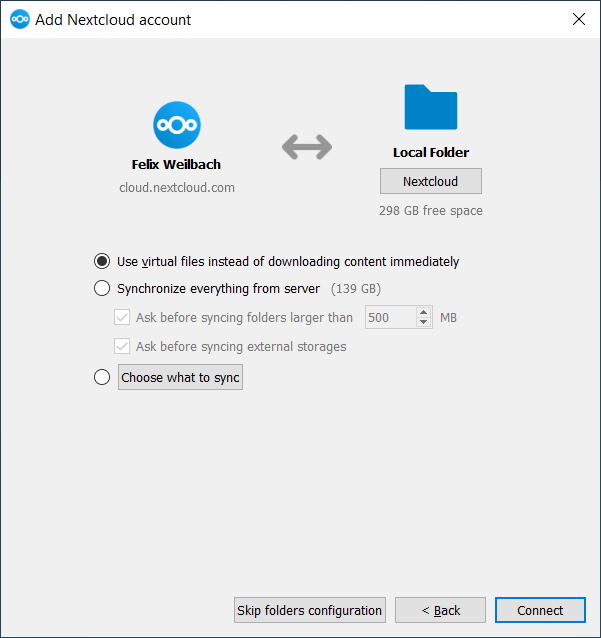 A successful server connection, showing a button to connect to your Web GUI, and one to open your local Nextcloud folder