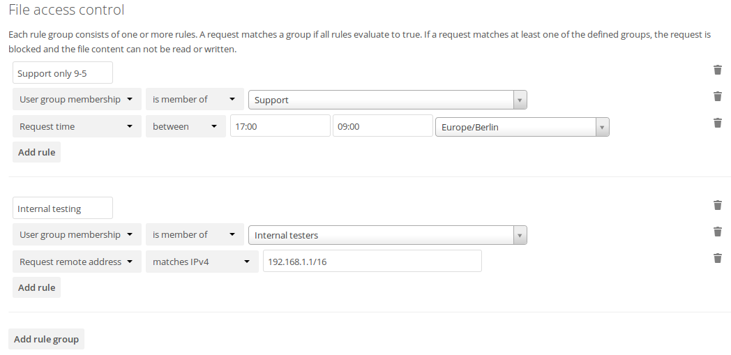 Sample rules to block on user group, time and IP base.