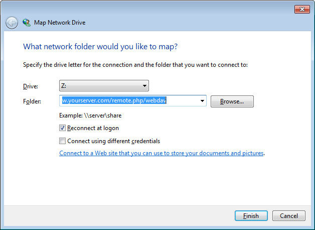 screenshot of mapping WebDAV on Windows Explorer