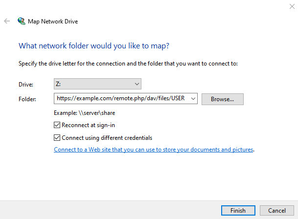 screenshot of mapping WebDAV on Windows Explorer