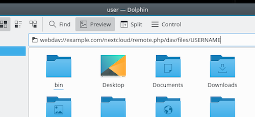 captures d'écran de la configuration du gestionnaire de fichiers Dolphin pour utiliser WebDAV