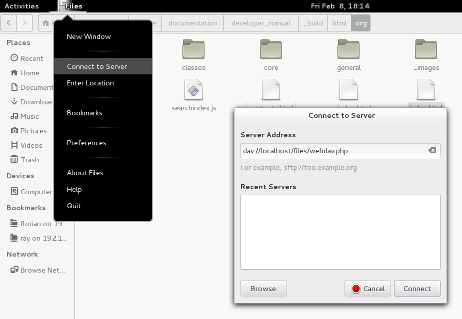 Screenshot of configuring Nautilus file manager to use WebDAV