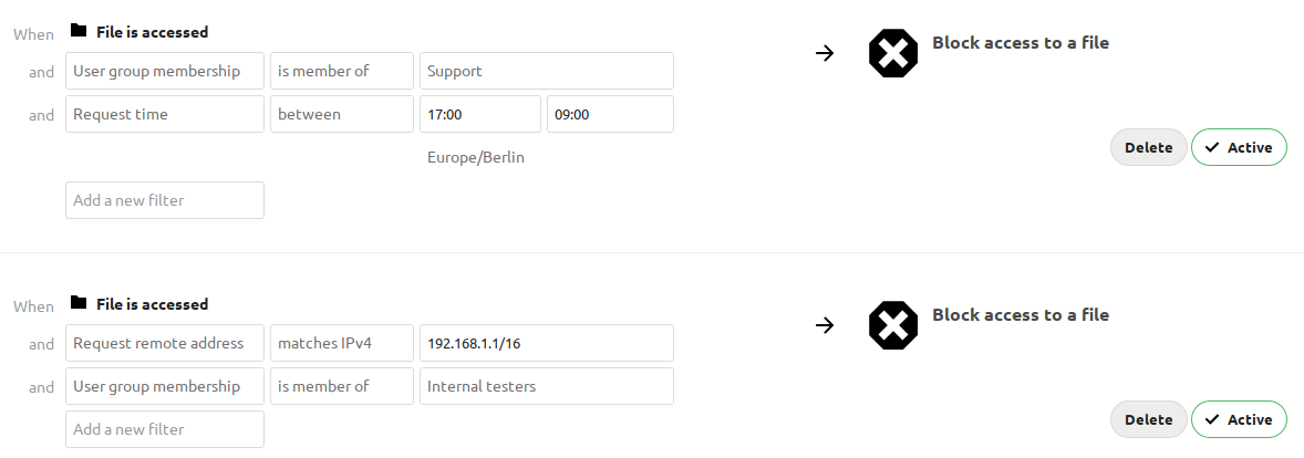 Sample rules to block on user group, time and IP base.