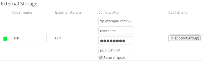 Nextcloud GUI FTP configuration.