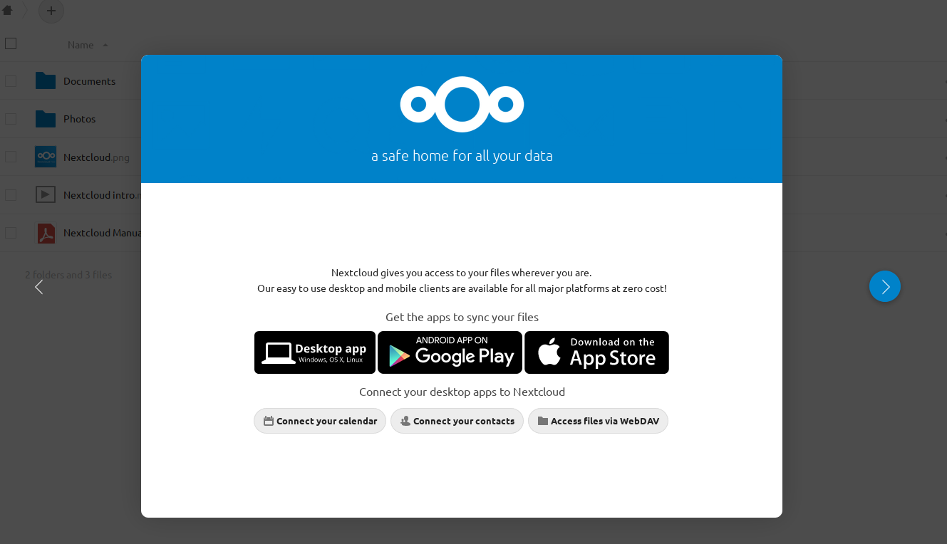 Nextcloud welcome screen after a successful installation