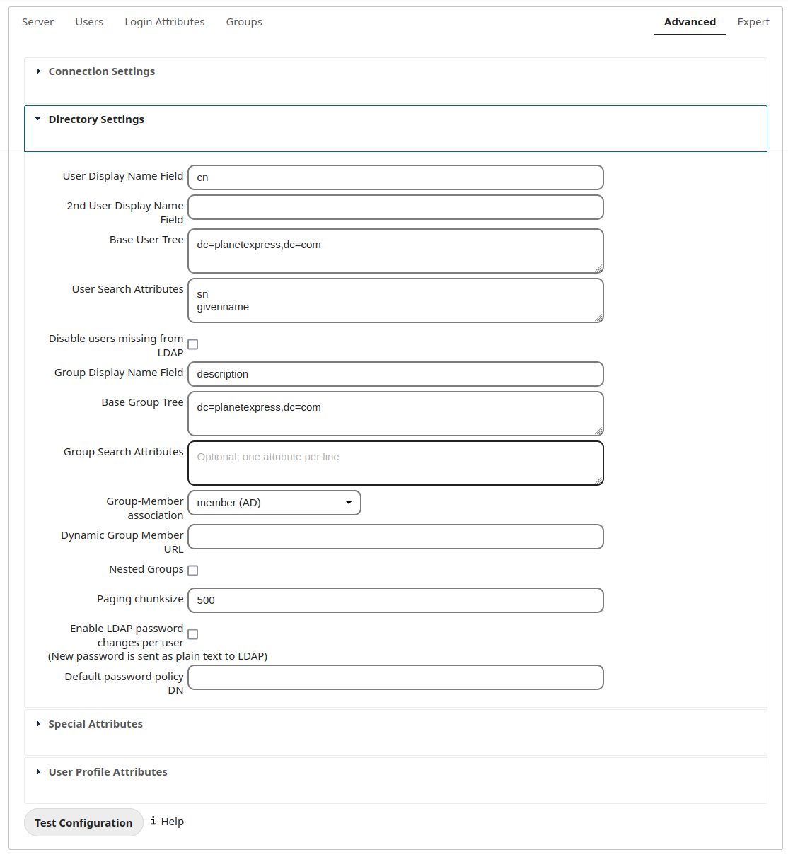 Directory settings.