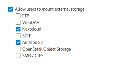 Checkboxes to allow users to mount external storage services.
