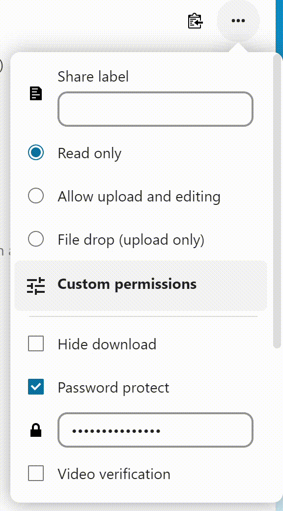 Second level of actions in action menu to configure custom permissions for link shares in Files