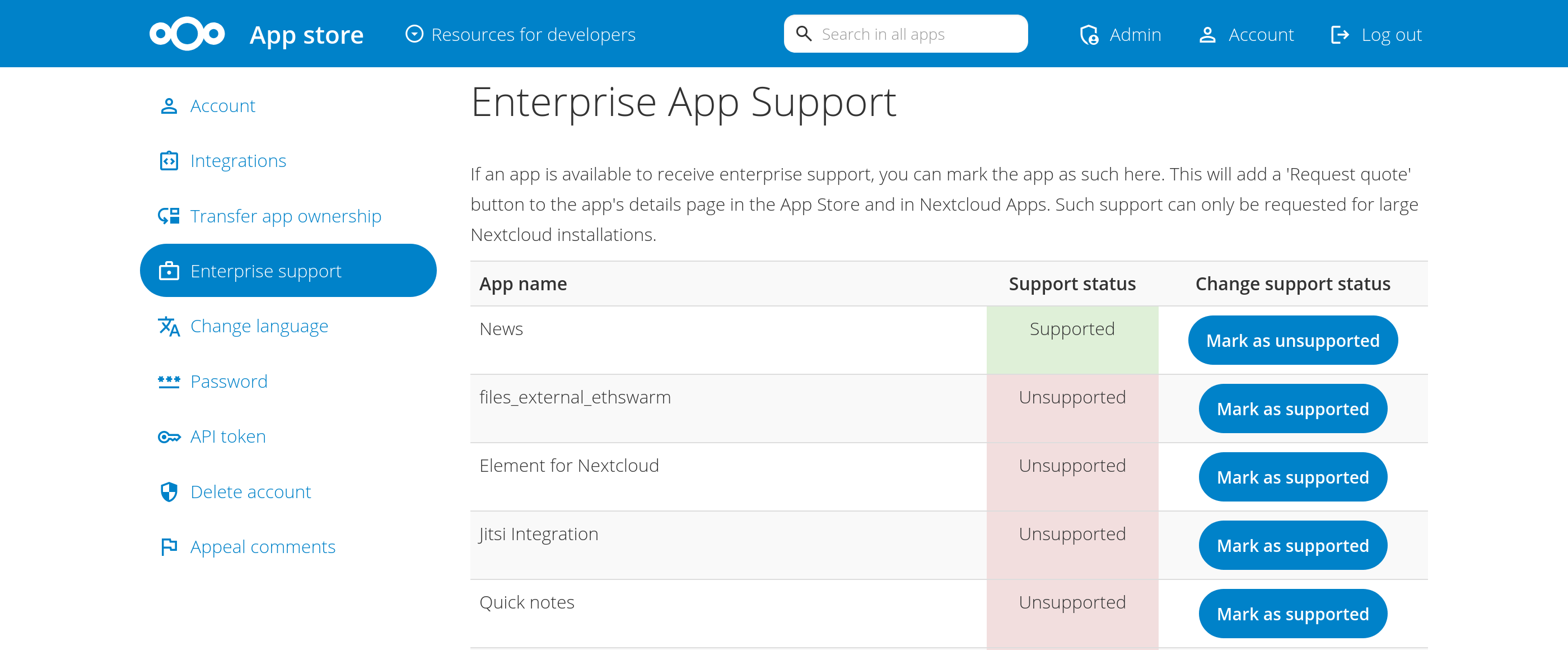 enterprise support settings page