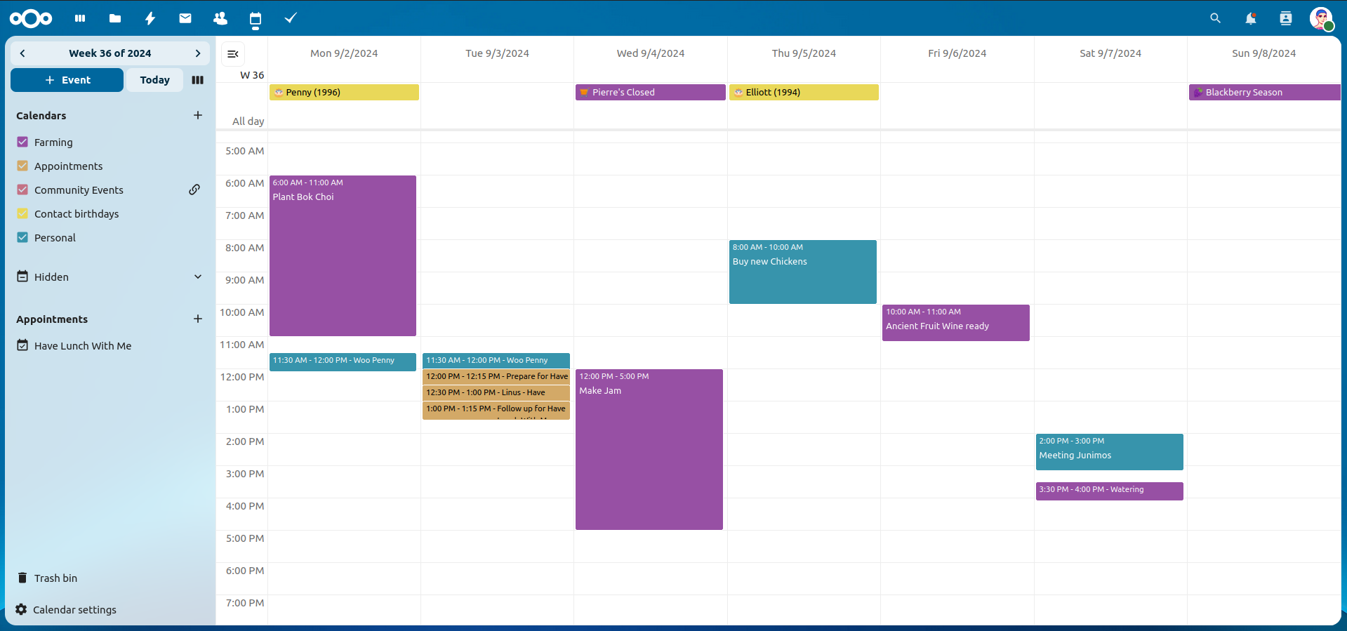 Screenshot of the calendar web app. On the top, there is a horizontal blue bar with some icons. On the left, a sidebar with different calendars. There is a table with days as columns and hours as rows. In different colors, some events.