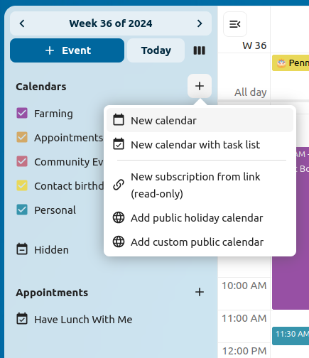 Screenshot of the calendar web app. This time with a focus on the sidebar, where there is a New calendar item and next to it, an icon with three points. Clicked, it offers a prompt with new calendar, new calendar with task list or new subscription from link (read only)