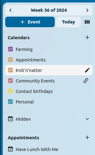 Top of the sidebar of calendars: After a button with two arrows with the week (Week 44 of 2022), buttons to create New event, jump to today or edit the view mode of the calendar. After it, the different calendars, preceded by a dot with a color (appointment with violet, Personal with blue, Public events with orange, Work with light brown, Project (Bob) with turquoise). Another calendar, Fenchurch Lunch, is deactivated, and the dot is just a pink circle, not filled. On the right of each calendar there is an icon: either of three points, or share (represented by three connected dots forming a triangle) or a link (represented by a chain). Near Project Bob, the icon is a B, with a small moon as a status-icon on the bottom right.