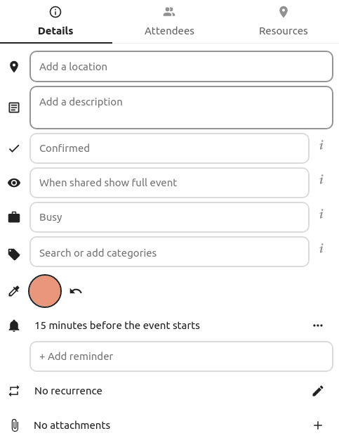 A Screenshot of the details' menu: Location, Description with the icons described before. A thick with confirmed next to it, An icon of an eye with “When shared show full event”, A suitcase next to “Busy”, A tag near select or add categories; a color picker icon, near a brown square. A bell near the text 30 minutes before the event starts, with the icon of three dots next to it. Below, an input field to add a reminder. Then two arrows forming a circle next to no recurrence and thereafter, the icon of a pencil to edit it. At the bottom, an update blue button.