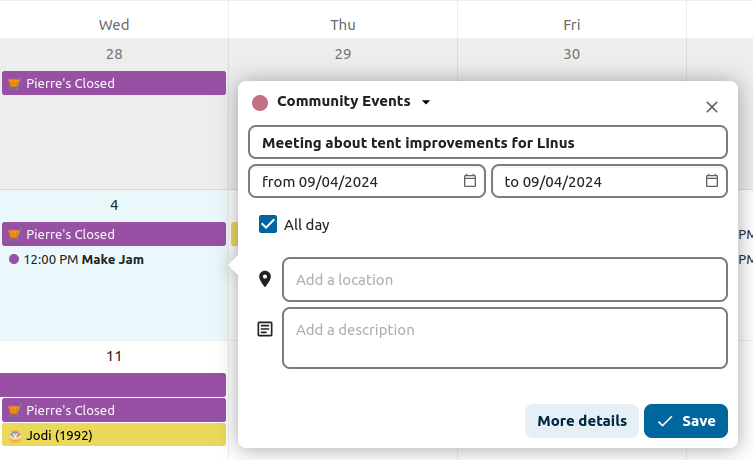 Another screenshot of an event-prompt. This time in the header are represented two people, blond in front of each other. Above them, some rectangles, probably representing documents. The Event is called Meeting about tent improvement for Linus and is settled for 08.11.2022 10:00-11:00