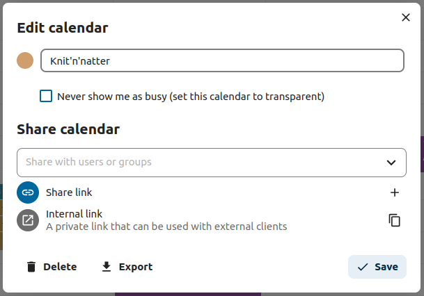 Screenshot, now focusing in the bottom part of the sidebar (Calendar setting): A big button, with Import calendar and them some checkboxes: Enable birthday calendar, enable simplified editor, limit visible events per view, Show weekends, Show week numbers.