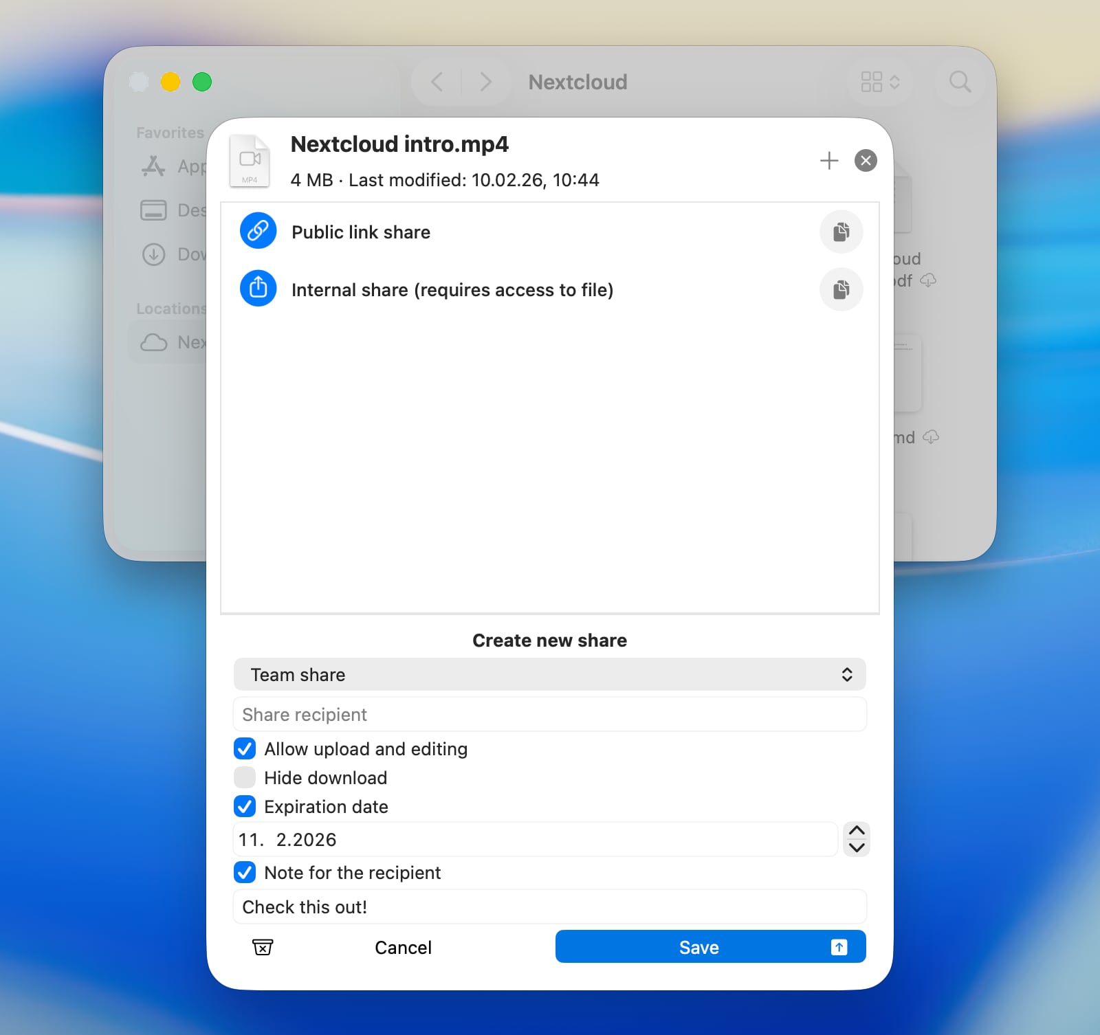 Screenshot of Finder showing the share management