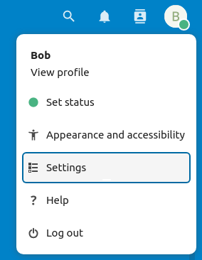 captura de tela do menu do usuário no canto superior direito do Nextcloud Web GUI