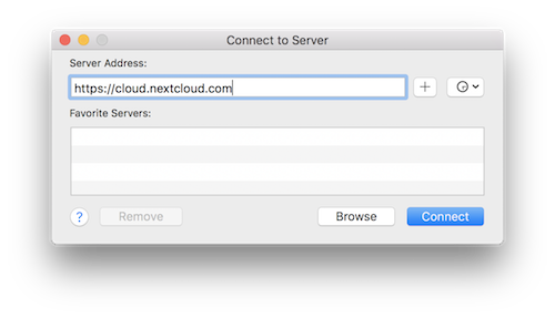 Zrzut ekranu: Wprowadź adres serwera Nextcloud w oknie dialogowym "Połącz z serwerem…"