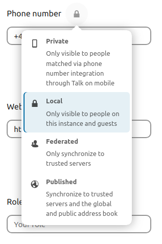 screenshot del menu a discesa dell'ambito nel campo del modulo delle informazioni personali