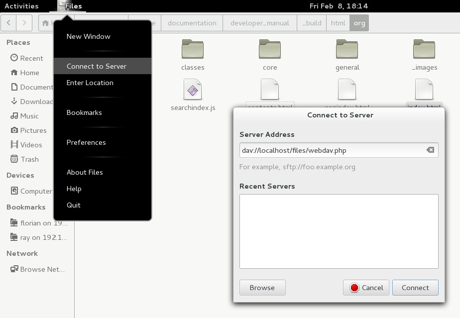 captures d'écran de la configuration du gestionnaire de fichiers Nautilus pour utiliser WebDAV