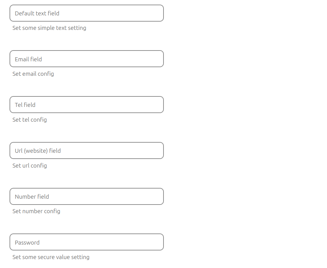 Declarative settings input fields (text, password, email, tel, url, number)