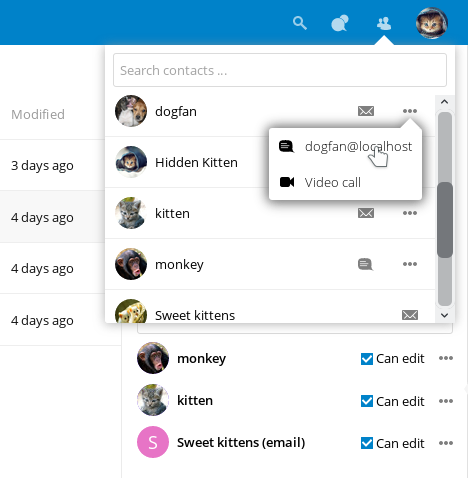 captura de pantalla del menú de contactos en la parte superior derecha de la GUI de Nextcloud Web